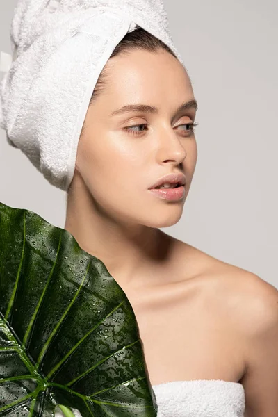 Bella giovane donna con asciugamano sulla testa tenuta foglia verde, isolata su grigio — Foto stock