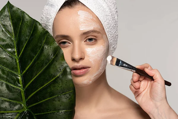 Menina atraente aplicando máscara no rosto com escova cosmética, isolado em cinza com folha — Fotografia de Stock