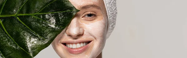 Colpo panoramico di attraente ragazza sorridente con maschera cosmetica sul viso in posa con foglia verde, isolato su grigio — Foto stock