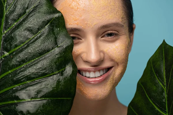 Femme heureuse avec gommage au sucre sur les feuilles de l'exploitation du visage, isolé sur bleu — Photo de stock