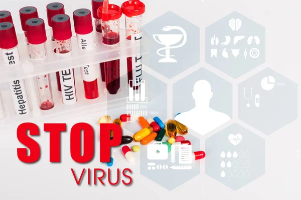 Test tubes with blood samples near pills and stop virus lettering on white — Stock Photo