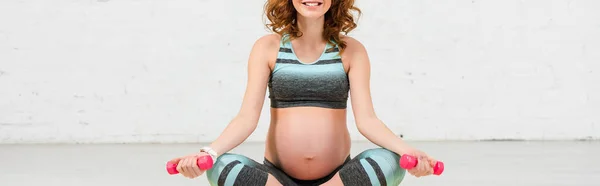 Обрезанный вид улыбающейся беременной женщины с гантелями, сидящими на полу, панорамный снимок — стоковое фото