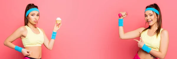 Колаж усміхненої спортсменки з гантелі, що вказує пальцем, і засмучена дівчина тримає кекс на рожевому фоні, панорамний постріл — стокове фото