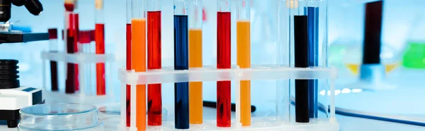 Tiro panorâmico de tubos de ensaio com amostras em laboratório — Fotografia de Stock