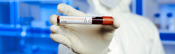 Panoramic shot of scientist in latex glove holding sample with coronavirus lettering — Stock Photo