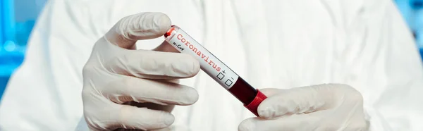 Panoramic shot of scientist in latex gloves holding sample with coronavirus lettering — Stock Photo