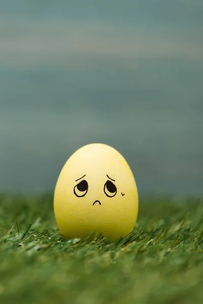 Ovo de Páscoa com expressão de cara triste na grama — Fotografia de Stock