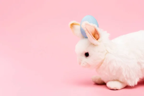 Coniglietto decorativo con uovo di Pasqua blu su sfondo rosa — Foto stock