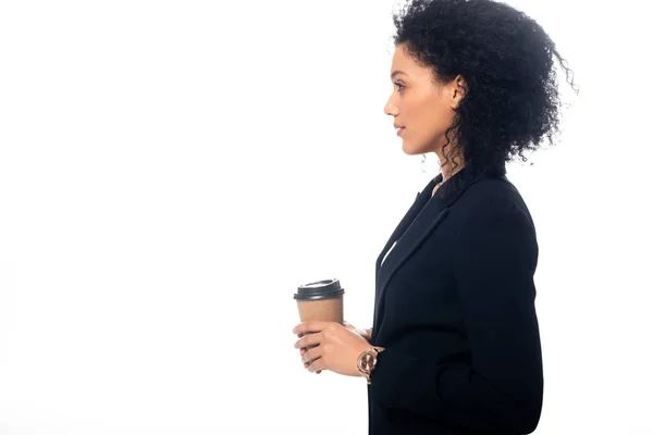 Side view of african american with disposable cup of coffee isolated on white — Stock Photo