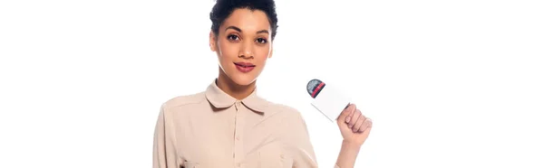 Beautiful african american journalist with microphone looking at camera isolated on white, panoramic shot — Stock Photo