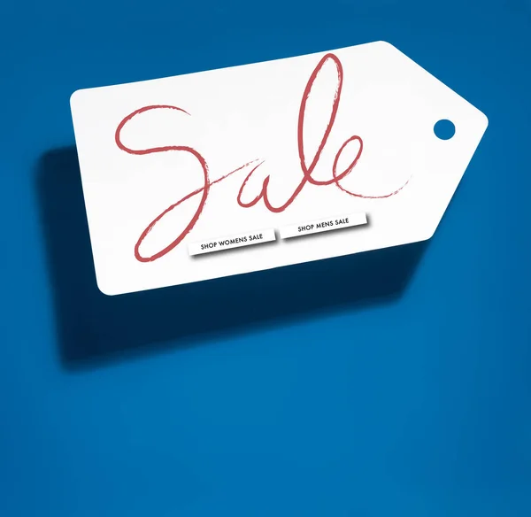 White big price tag with online shopping sale on blue background — Stock Photo