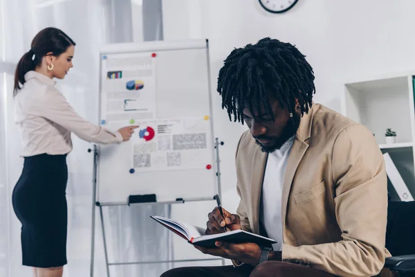 Africano americano deficiente empregado escrevendo em notebook com recrutador perto de flip chart no escritório — Fotografia de Stock