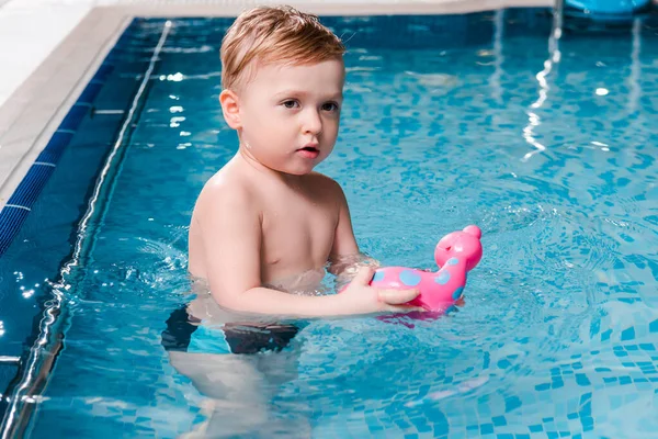 Cute toddler boy playing with rubber toy in swimming pool — Stock Photo