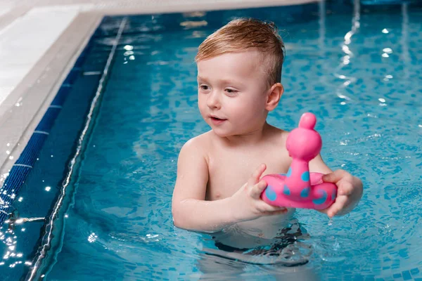 Adorable toddler boy playing with rubber toy in swimming pool — Stock Photo