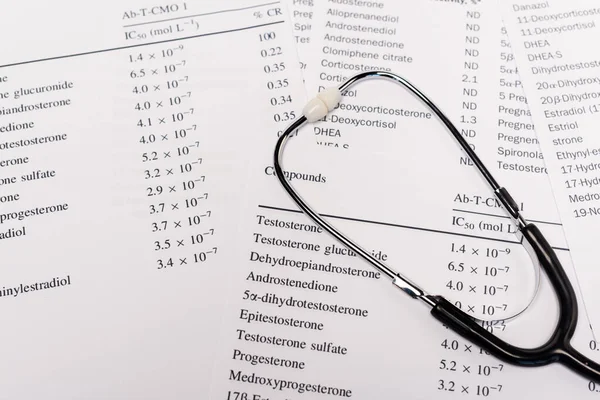 High angle view of stethoscope on lists with hormones — Stock Photo