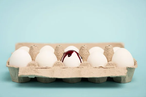 Huevos con gota de sangre en recipiente sobre fondo azul - foto de stock