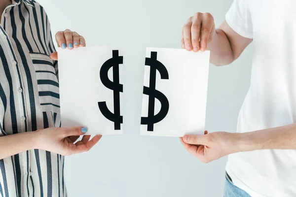 Cropped view of divorced man and woman holding paper with dollar sign isolated on white — Stock Photo