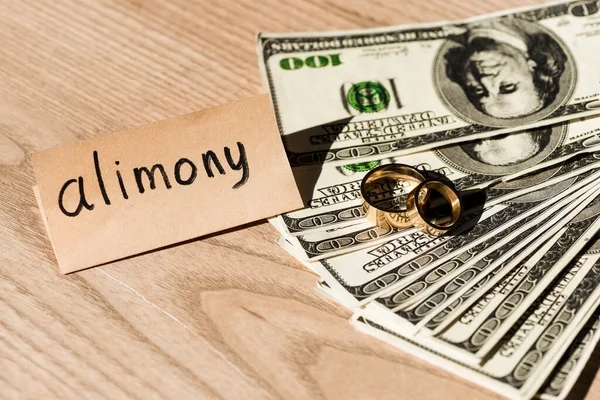 Carta con scritte di alimenti vicino alle banconote in dollari e anelli di fidanzamento — Foto stock