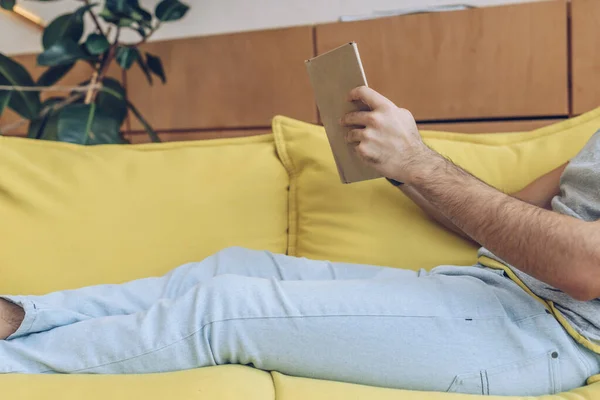 Обрізаний вид людини з книгою на дивані у вітальні — стокове фото