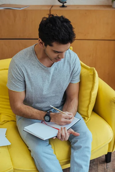 High angle view of freelancer writing in notebook on sofa in living room — Stock Photo