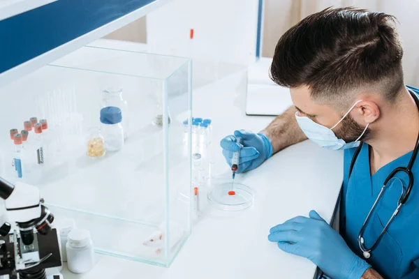 High angle view of veterinarian in medical mask and latex gloves holding syringe near petri dish with blood sample, and white mouse in glass box — Stock Photo