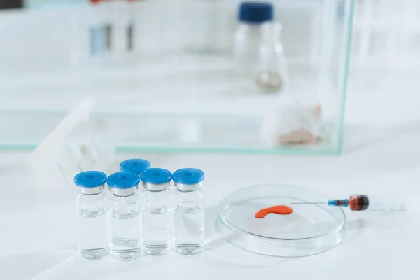 Selective focus of glass containers with medicines, syringe and petri dish with blood sample near mouse in glass box — Stock Photo
