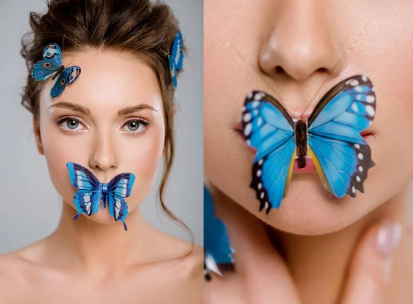 Collage di bella ragazza con farfalle decorative in bocca e viso isolato su grigio — Foto stock