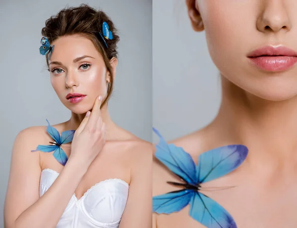 Collage de hermosa chica con mariposas decorativas en el cuerpo tocando la cara aislada en gris - foto de stock