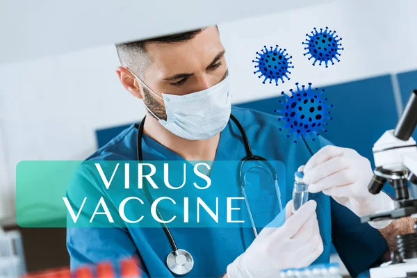 Young doctor in medical mask and latex gloves holding glass container with medicine, virus vaccine illustration — Stock Photo