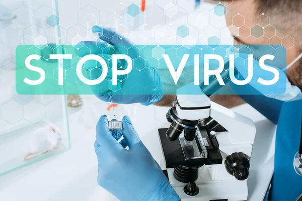 Young biologist in medical mask and lates gloves holding syringe while making analysis with microscope near white mouse in glass box, stop virus illustration — Stock Photo