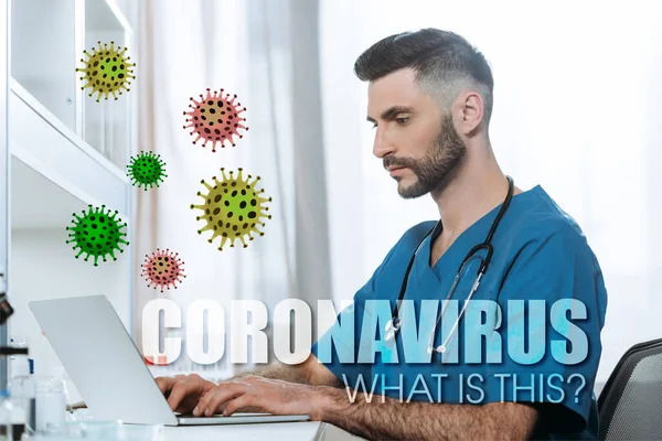 Young doctor with stethoscope on neck typing on laptop, coronavirus illustration — Stock Photo