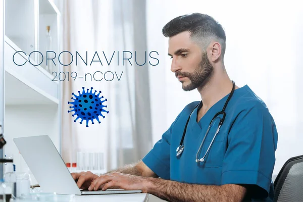 Young doctor with stethoscope on neck typing on laptop, coronavirus illustration — Stock Photo