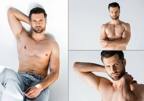Collage of bearded and shirtless man in jeans standing with crossed arms on white — Stock Photo