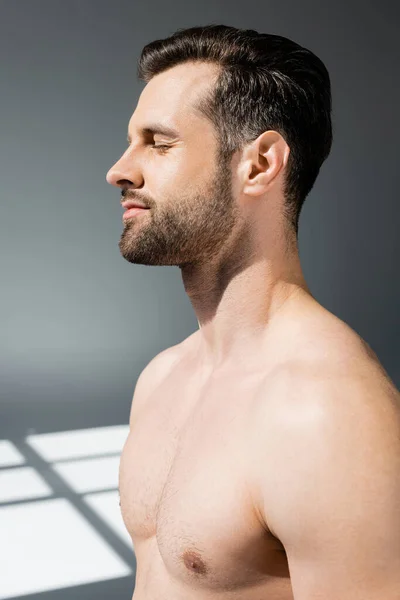 Vista lateral del hombre guapo y sin camisa con los ojos cerrados en gris - foto de stock