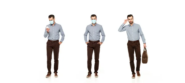 Collage of businessman in medical mask holding bag, standing with hands in pockets and using smartphone isolated on white — Stock Photo