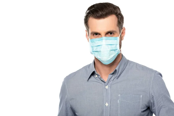 Uomo d'affari in maschera medica blu isolato su bianco — Foto stock