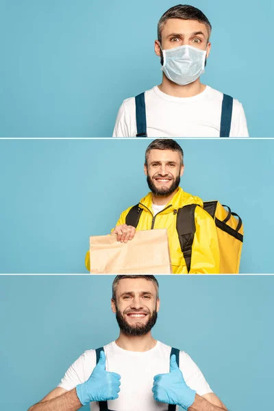 Collage de limpiador sonriente en máscara médica, mostrando los pulgares hacia arriba y el repartidor con orden sobre fondo azul - foto de stock