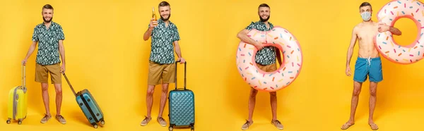 Collage de mec barbu heureux avec des sacs de voyage, anneau de natation beignet et bière sur jaune — Photo de stock