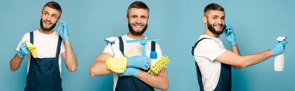 Коллаж счастливого чистильщика в униформе и резиновых перчатках с чистящими средствами разговаривая на смартфоне на синем фоне — стоковое фото