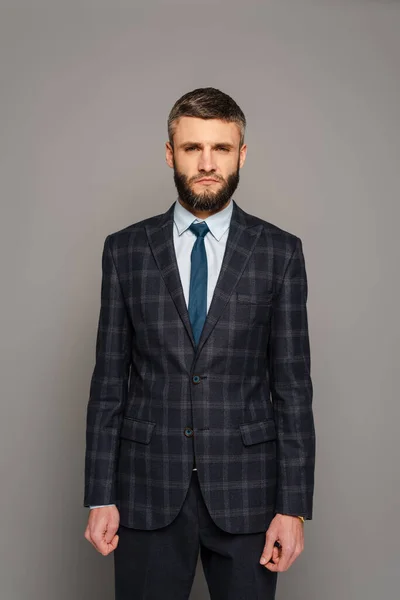 Serio guapo barbudo hombre de negocios en traje sobre fondo gris — Stock Photo