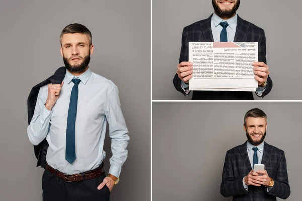 Collage eines gutaussehenden bärtigen Geschäftsmannes im Anzug mit Zeitung und Smartphone auf grauem Hintergrund — Stockfoto