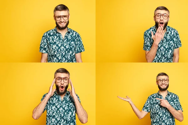 Collage eines emotionalen bärtigen Typen mit Brille auf Gelb — Stockfoto