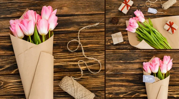 Collage aus Tags mit Mama-Schriftzug in der Nähe von Geschenken und Tulpen auf Holzoberfläche, Muttertagskonzept — Stockfoto
