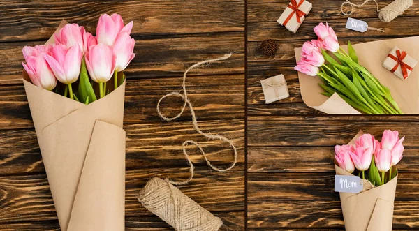 Collage de etiquetas con letras de mamá cerca de regalos y tulipanes en la superficie de madera, concepto de día de las madres - foto de stock