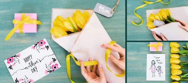 Collage of woman touching ribbon near yellow tulips, greeting cards with lettering, gift boxes and mom tags on blue surface — Stock Photo