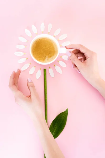 Вид зверху жінки торкається чашки кави біля білих пелюсток квітки на рожевому, концепція Дня матері — стокове фото