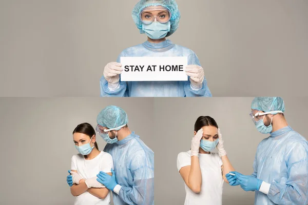 Collage aus Arzthaltekarte mit Hausaufenthalt-Schriftzug und Arzt mit Thermometer in der Nähe des Patienten isoliert auf grau — Stockfoto