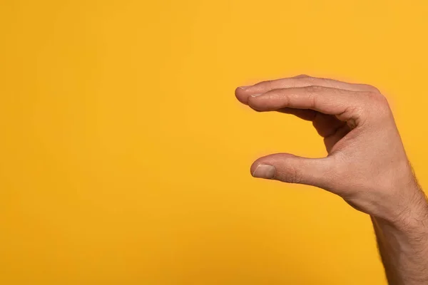 Vista cortada do homem mostrando carta da língua de sinais cirílica isolada no amarelo — Fotografia de Stock
