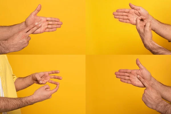 Collage del hombre usando lenguaje de señas aislado en amarillo - foto de stock