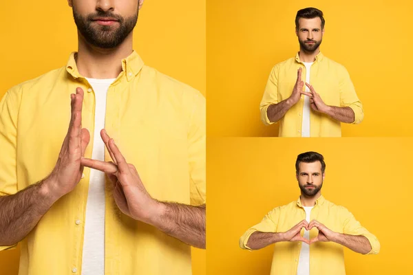 Collage del hombre haciendo gestos en lenguaje sordo y mudo sobre fondo amarillo - foto de stock